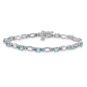 14K Solid White Gold Diamond Swiss Blue Topaz Tennis Bracelet - Picture 1 of 12