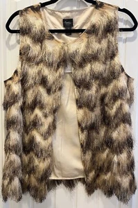 Chico's Travelers Collection Faux Fur Vest Carob Fringe Leopard Size 1   NWT - Picture 1 of 10