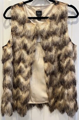 Chico's Travelers Collection Faux Fur Vest Carob Fringe Leopard Size 1   NWT - Image 1 of 4