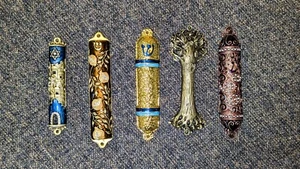 Set Of 5 Metal Mezuzah Hand Made Israeli Style 4" And 5" - Picture 1 of 2