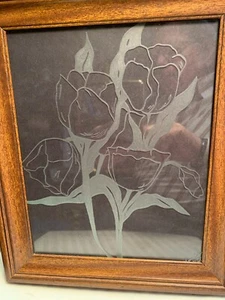 Vintage Large  8"X10"  Etched Roses on Glass Art in 10.5"x12.5" Frame  BEV - Picture 1 of 4
