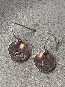 Far Fetched Signed Thin Silver Disk w Stamped Bike & Goldtone Dot Dangle Earring - Picture 1 of 5
