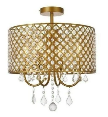 Chandelier Semi Flush mount 4 Light Fixture Round Crystal Shade Living Room 17" - Image 1 of 4