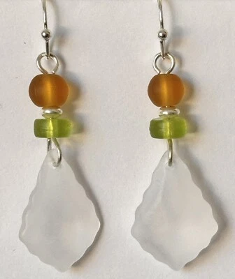 Silver, Amber, Green and Faux Frosted Sea Glass Teardrop Bead Earrings. Beach - Image 1 of 3