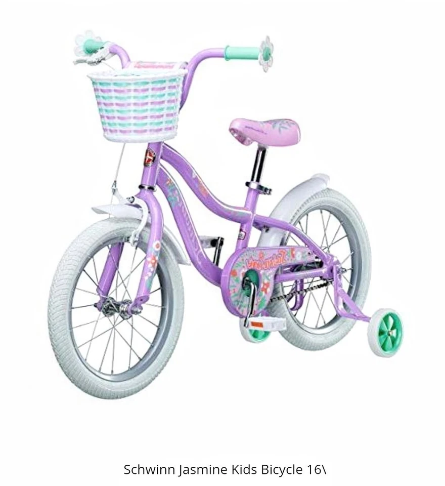  Schwinn Jasmine 儿童自行车带训练轮,16 英寸自行车全新带盒 — 第 1/3 张图片