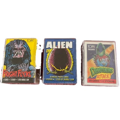 Fright Flicks, Alien & Dinosaurs Attack Lot Of 3 Card Sets w/wrappers & Stickers - Image 1 of 4