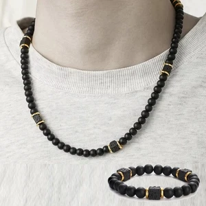 2X Mode Vintage Schwarz Perlen Halskette für Männer Lavastein Armband Schmuck Set - Bild 1 von 11