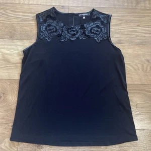 Ladies Karl Lagerfeld Paris Black Embellished Faux Leather Floral Top Size M - Picture 1 of 7