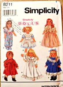 Simplicity 8211 Girl 18" Doll Clothes Dress Romper Nightgown Pantaloons Boots - Picture 1 of 11