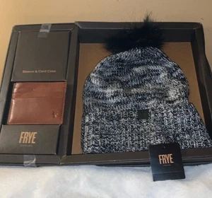 FRYE Negro Mármol Gorro Pom Pom Sombrero y Cuero Estuche para Tarjetas Conjunto Cartera Nuevo en Caja Nuevo con Etiquetas $128 - Imagen 1 de 10