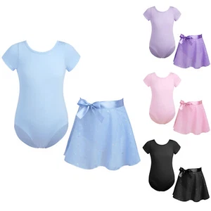 Kids Girls Ballet Leotard Short Sleeve Dance Tulle Dress with Sparkly Skirt Set - Picture 1 of 44