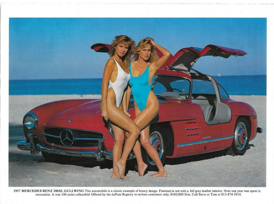 1957 Mercedes-Benz 300SL Gullwing Red Beach Blonde Bikini Tan 1986 Auto Print Ad - Image 1 of 1