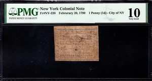 New York Colonial Note Fr#NY-238 February 20, 1790 1 Penny PMG 10 *14 Known* - Picture 1 of 4