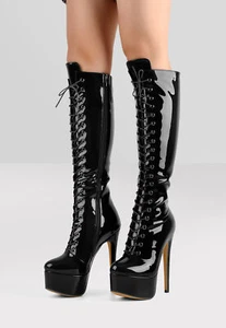 Botas altas a la rodilla con cordones a la rodilla de cuero patentado súper altas con tacones de aguja para mujer - Imagen 1 de 21