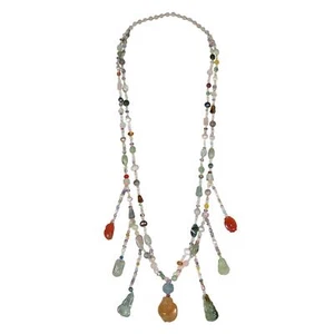 VTG CHINESE CARVED JADEITE HARDSTONE GEMSTONE PEARL JADE PENDANT CHARM NECKLACE - Picture 1 of 12