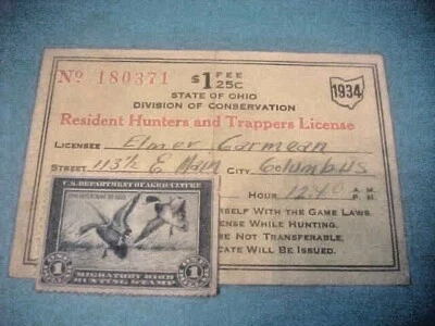 US Postage Stamp RW1 First Duck Stamp on 1934 Ohio Hunting License Unsigned N131 - Image 1 of 4