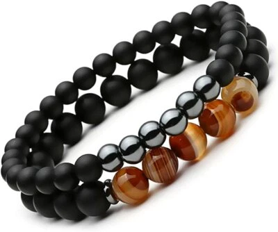 2PCS Men Women Natural Stone Beads Black Matte Onyx Prayer Bracelet As Gift - Image 1 of 4