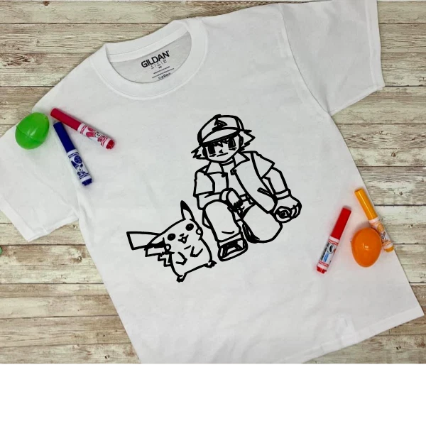 Custom Children's Washable Coloring T-Shirt Tee New Markers Pokemon - Image 1 of 1