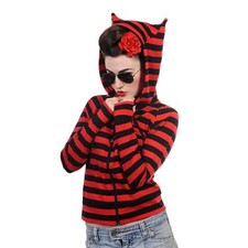 Banned Striped Cat Ears Zip Hood  Red
