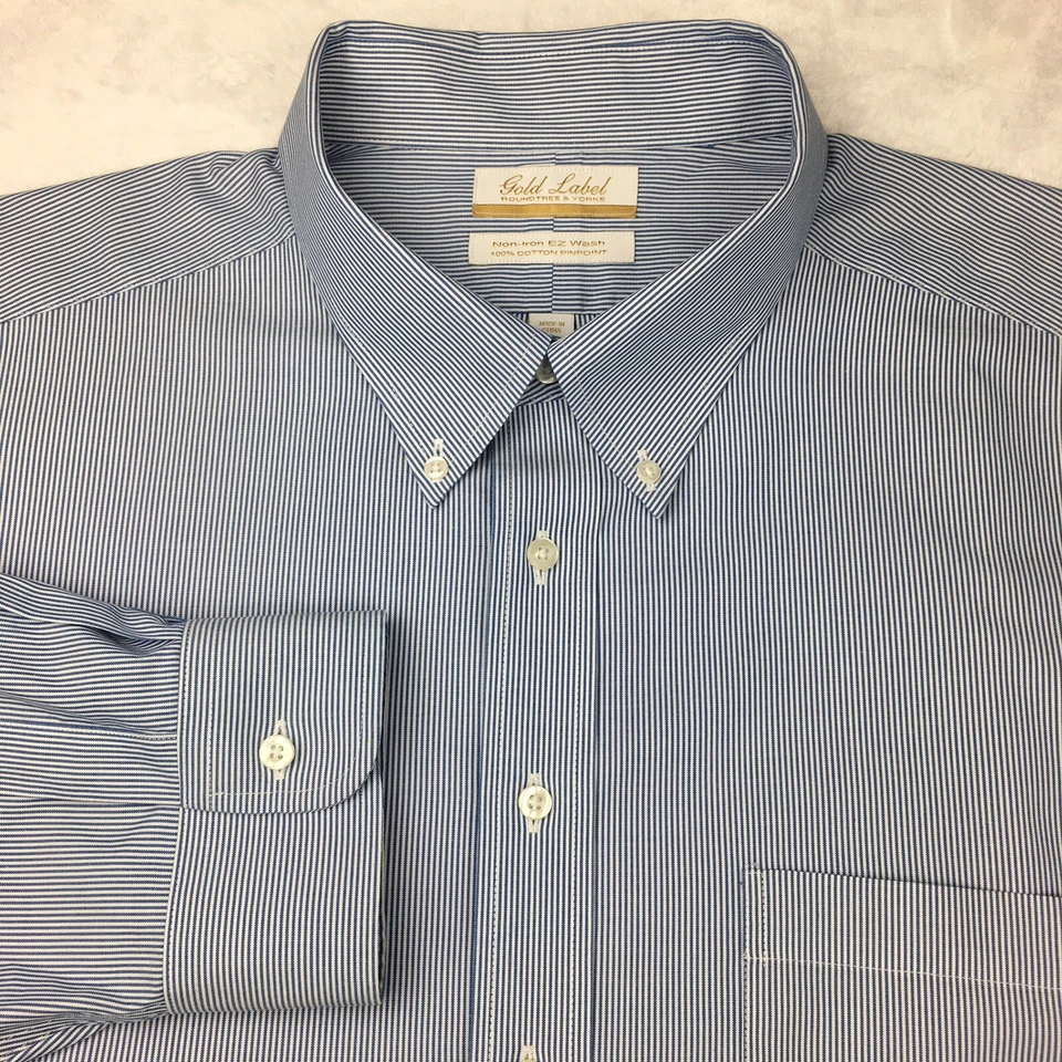 Roundtree & Yorke Gold Label Dress Shirt Mens 19-35 Big Blue White Pinstripes - Image 1 of 4