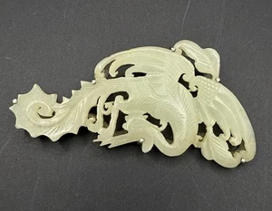 Chinese Antique Sterling Silver Carved White Jade Pin Dragon Bird - Picture 1 of 9