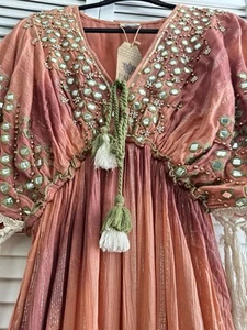 *Fall Vibes* Palak Boho Maxi Dress Faux Mirror Embellished Tassel Long Kaftan - Picture 1 of 8