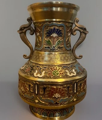 古董 Champlevé 搪瓷和纯色黄铜日本 Cloisonne 花瓶瓮 - 装饰 10 英寸 — 第 1/4 张图片
