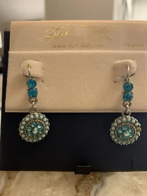 Pendientes colgantes Kirks Folly redondos cristales de aguamarina y perlas de semilla sintética LB ST Foto 1 de 4