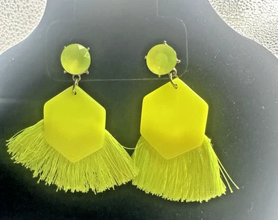 Neon Yellow Boho Earrings Fringe Dangle Jewelry Tassel Bohemian Long Chunky - Image 1 of 2