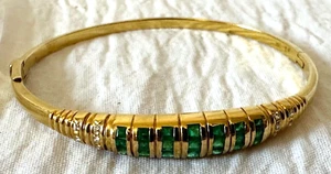Vintage 18k Yellow Gold Emerald & Diamond Bangle Bracelet - Picture 1 of 9