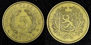 Finlandia Aluminio-Bronce 1938 S 5 Markkaa KM# 31 (27 262) - Imagen 1 de 3
