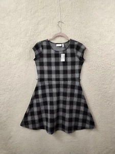 Place Girl Dress 14 Black Plaid Cotton Blend Short Sleeve Fit Flared Knee Length - Picture 1 of 17