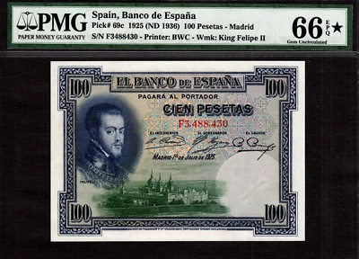 Spain 100 Pesetas 1925 ND (1936) Pick-69c GEM UNC PMG 66 EPQ / STAR - Image 1 of 2