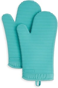 Ribbed Soft Silicone Oven Mitt Set, 7"x13", Aqua Sky 2 Count - Picture 1 of 5