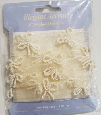 ELEGANT ACCENTS Organza Ribbon w/ Bead Accents - IVORY - 1" x 6 ft - Image 1 of 2