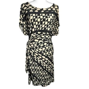 DONNA MORGAN Size 16 Tan Black Geometric Print Midi Dress Faux Wrap Career Date - Picture 1 of 7