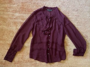 Elizabeth and James Burgundy Silk Long Sleeve Buttons Up Tie Neck Women’s Top M - Picture 1 of 7