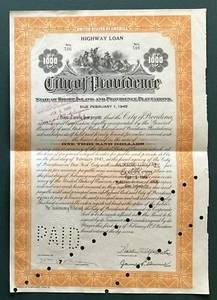 Certificado de préstamo de carretera de la ciudad de Providence 1938 - Imagen 1 de 2