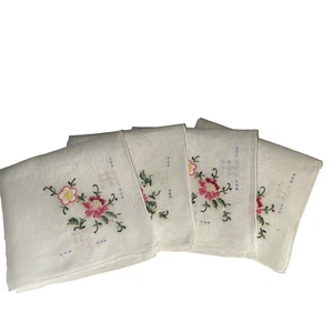 Vintage Linen Embroidered Handkerchiefs Set of 4 Pink Flowers 10.5” X 10.5” - Picture 1 of 6