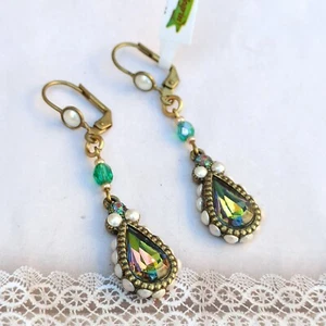 Michal Negrin Earrings Watermelon Crystals Green Pearls Teardrop Long NWT Gift - Picture 1 of 14