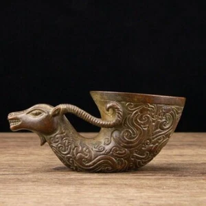 14 cm Chinese Antique Bronze Cup Old Brass Wine vessel animal Cup - Picture 1 of 9