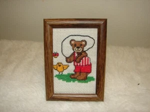 Needlepoint Bear Jumping Rope handcrafted Hand stitch Picture 2 1/2" x 3 1/2" - Picture 1 of 2
