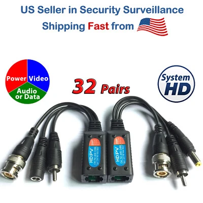 32 Pairs RJ45 To BNC HD Video Balun Adapter Passive Video Power Audio Cat5 Cat6 - Image 1 of 4