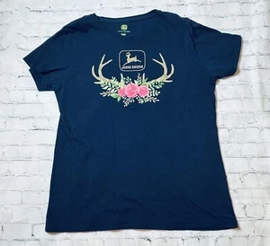 John Deere Women’s Size L 100% Cotton Navy Floral Deer Antlers Tee Shirt - Picture 1 of 6