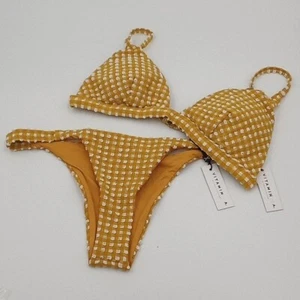 Vitamin A Women's 10/L Vichy Marigold Moss Bralette Top and Carmen Bikini Bottom - Picture 1 of 10