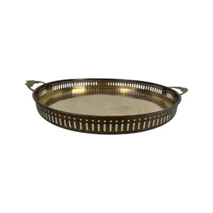 Brass Round Vintage TRAY Vanity Bar Floral Handles 11" Diam Patina - Picture 1 of 11