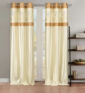Silky 2 Window Curtain Panels with Grommets: Linen & Gold Floral Design - Picture 1 of 1