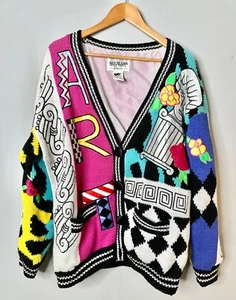 Absolutely No! Jeans Lined  Knit Cardigan Emb Patches Vintage 90s Chest 44" - Picture 1 of 14