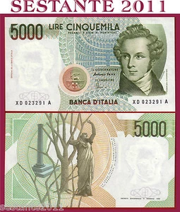 ITALY ITALIA 5000 5.000 LIRE BELLINI sostitut. XD replacement P 111c SPL++/ XF++ - Picture 1 of 1