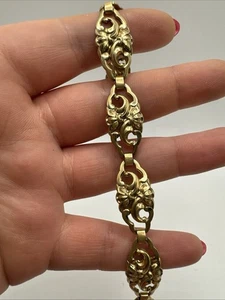 Antique 1890-s Art Nouveau Gilt Bracelet Ornate Scroll & Floral Openwork 7.75” - Picture 1 of 7
